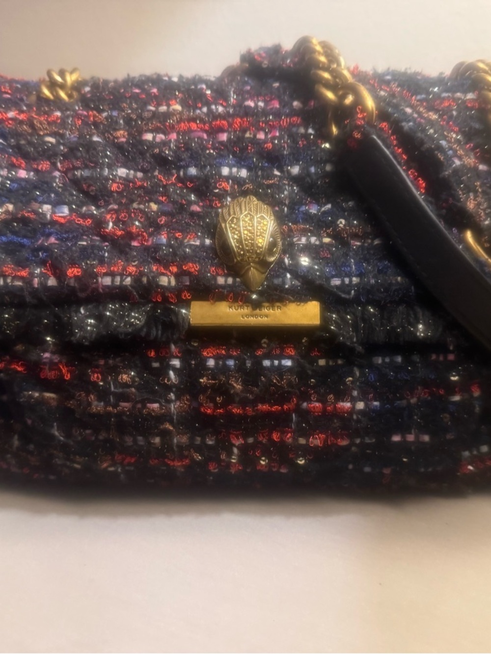 Kurt Geiger Tweed Shoulder Bag in Black with Red and Blue Accents